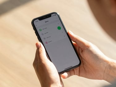A close-up of hands holding a smartphone displaying progress metrics and speech feedback, warm sunlit background