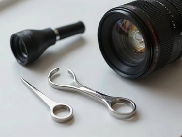 A close-up of professional ENT diagnostic instruments, an otoscope and tuning fork, resting on a clean white surface under soft natural light.