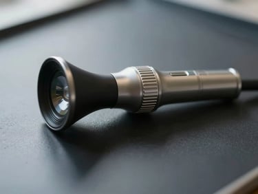 Macro shot of a professional medical otoscope resting on a clean dark surface, soft natural light reflecting off the metallic instrument, minimalist medical aesthetic.
