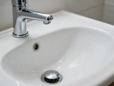 Close-up of a clean porcelain sink basin with a sparkling chrome faucet, bright clinical daylight.