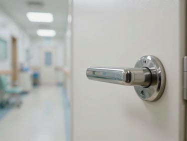 Close-up of a clean metal door handle in a bright, sanitised medical facility hallway, soft natural lighting.