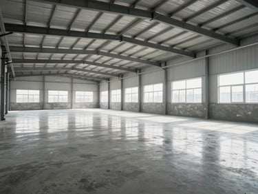 Bright, empty, professionally maintained facility warehouse with high-key natural daylight, reflecting off immaculate, polished concrete floors.
