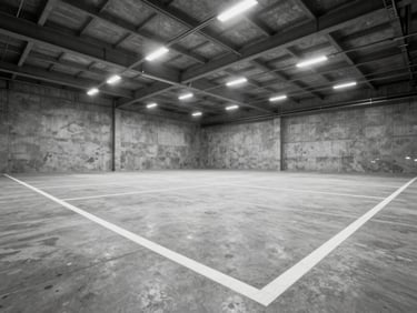 Geometric shot of a clean, empty concrete warehouse floor with clean white lines, bright overhead industrial lights.