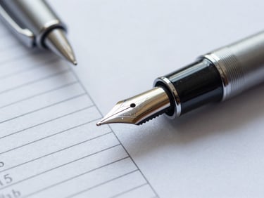 Macro close-up of a fountain pen resting on a neatly aligned financial document, cool daylight.