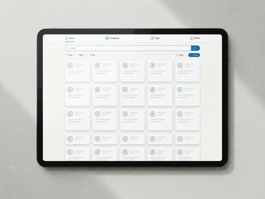 Minimalist clean mockup of a directory website on a sleek tablet screen, cool northern daylight, soft shadows, crisp blue and white tones