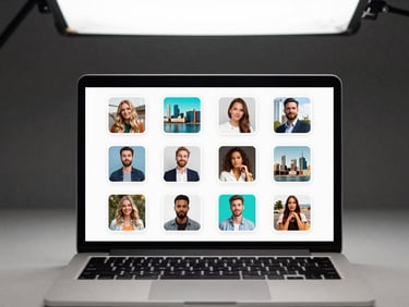 Overhead flat-lay of a Pinterest pin grid displayed on a laptop screen, cool studio lighting from above, clean desk surface, no people, high-contrast tones with cyan accent details visible in pin designs