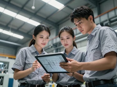 Low-angle heroic shot of an industrial engineering team reviewing schematics on a digital tablet in a modern manufacturing facility, cool steel tones, sharp high-contrast lighting