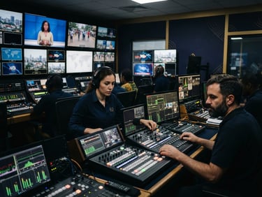 State-of-the-art broadcast control room in Malabo, professional monitors displaying news feeds, sharp key lighting, 35mm lens.
