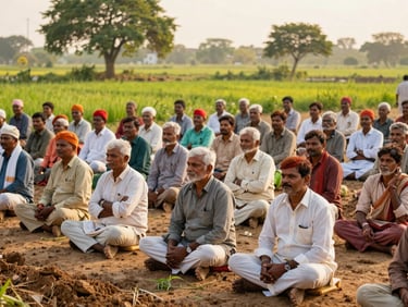 A large group of Indian farmers attending an outdoor agricultural seminar, warm editorial photography, natural golden-hour sunlight, rich earth tones, 35mm lens