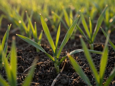 Close-up of healthy green wheat sprouts in fertile black soil, warm editorial photography, natural golden-hour sunlight, rich earth tones, 35mm lens