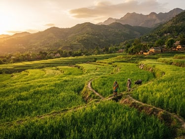 Wide environmental landscape of lush green crops in India during golden hour, sharp focus, rich earth tones