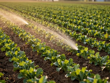 Modern drip irrigation system watering lush green crop rows in a wide field, warm editorial photography, natural golden-hour sunlight, rich earth tones, 35mm lens