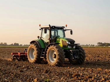 A modern tractor demonstrating deep tillage techniques in a wide field, warm editorial photography, natural golden-hour sunlight, rich earth tones, 35mm lens