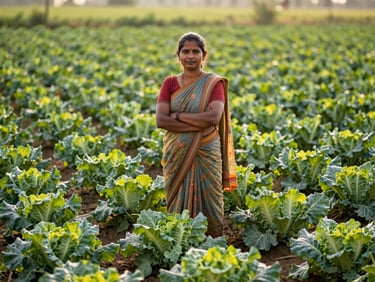 A female Indian farmer standing confidently in a vibrant green vegetable field, sunlight highlighting healthy crops, natural 35mm editorial style