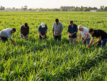 Hands-on agricultural training session in a vibrant green field, group of farmers observing modern techniques, daylight