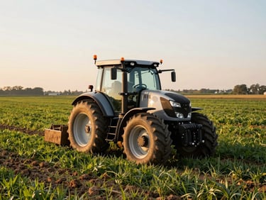 A modern tractor working in a vast, healthy field under bright natural golden-hour sunlight