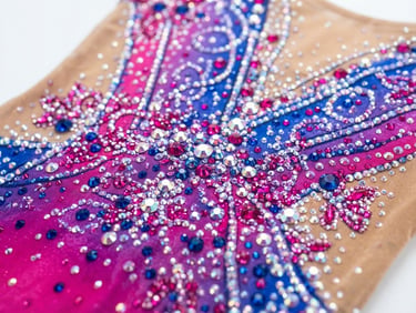 Bright high-key studio photography of a premium rhythmic gymnastics leotard, close-up on sparkling hand-applied crystals, crisp white background, 85mm lens