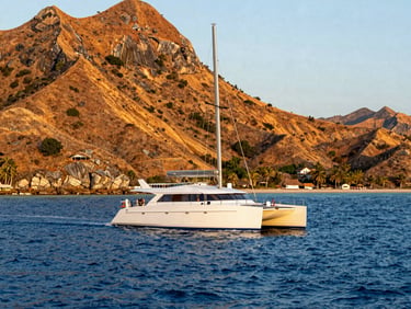 A sleek modern catamaran sailing through the deep blue waters of Komodo National Park, bright golden hour lighting, wide shot, 35mm lens.