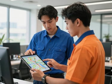 Professional transport coordinator in a modern Jakarta logistics office looking at route maps on a tablet, clean corporate lighting