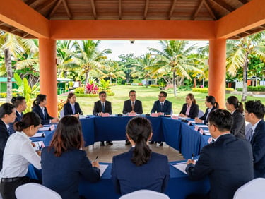 A professional group of business colleagues having an organized outdoor workshop on a modern shaded pavilion overlooking a tropical landscape