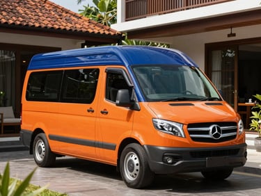 Modern luxury shuttle van parked outside a contemporary Balinese corporate retreat venue, bright natural daylight, sharp focus, 35mm lens.