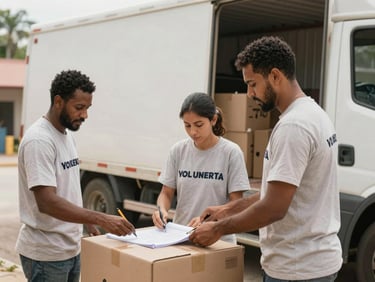 Voluntarios descargando herramientas y materiales de construcción de un camión de apoyo, luz clara del día.