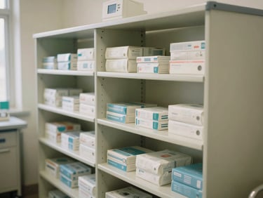 Primer plano de suministros médicos organizados en estanterías limpias de un hospital local, luz natural.