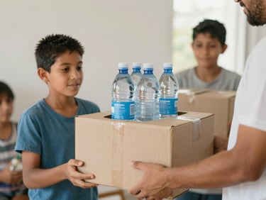 Manos entregando una caja de alimentos frescos y botellas de agua a una familia, estilo documental empático.
