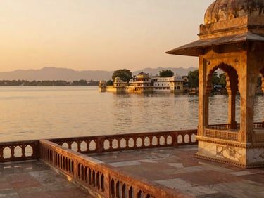 Golden hour sunset over Udaipur lake from a high-contrast marble pavilion terrace, warm editorial photography