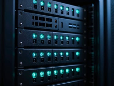 Low-key, high-contrast close-up of a modern server rack with sharp neon teal status lights, deep obsidian shadows, technical precision, 35mm lens.