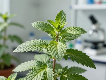 Natural sunlight hitting vibrant green mint and cannabis leaves in a bright, clean botanical laboratory setting, crisp eye-level medium shot.