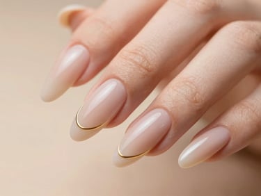 Extreme close-up of flawless almond-shaped luxury nails with minimalist gold details, warm beige backdrop, soft studio lighting