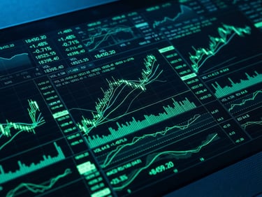 Sleek high-contrast tech photography, macro detail of a dark screen displaying real-time financial charts and neon green metrics, cool blue studio lighting, sharp focus, 35mm