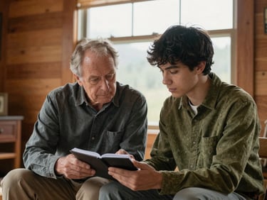 Candid medium-close shot of an older mentor and a young adult reviewing a notebook together in a warm, cedar-toned room, soft Pacific Northwest window light
