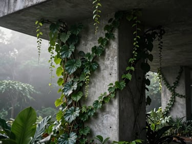 Low-key dramatic photo of a modern raw concrete structural column seamlessly intertwined with dense dark green tropical vines and large leaves, misty morning light.