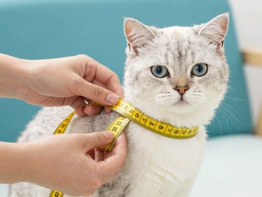 Bright editorial pet photography, a cute cat being gently measured with a soft yellow measuring tape around its chest, soft lighting, focus on hands and cat