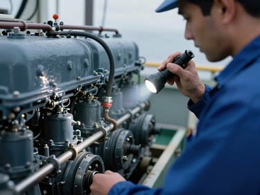 Close-up of a marine engineer inspecting an engine room, using a flashlight to check machinery, high-contrast industrial environment, cool slate and deep blue tones, sharp focus, 35mm