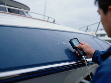 Surveyor inspecting a yacht hull in dry dock, close-up on moisture meter reading, overcast daylight, cool slate and deep blue tones, sharp focus, 35mm