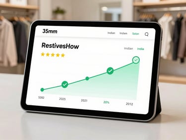 A clean digital dashboard on a tablet showing positive review growth metrics and green checkmarks, professional setting.