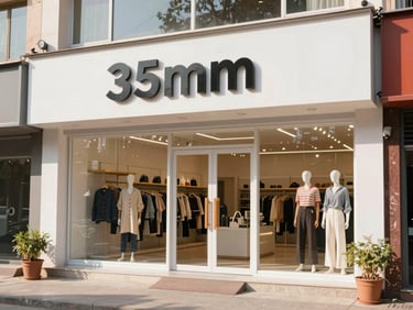 Bright editorial photography of a modern Indian retail storefront, natural daylight, sharp focus, 35mm.