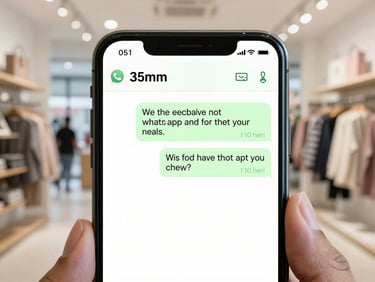 A close-up of a smartphone screen showing a personalized WhatsApp message asking for feedback, bright daylight, 35mm.