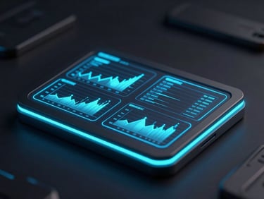 Sleek 3D render of a glowing digital interface displaying data charts, neon indigo edge glows, dark ambient background