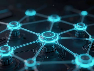 Sleek 3D render of glowing cybernetic network nodes connecting in a dark ambient space, neon cyan and indigo edge glows, macro depth of field