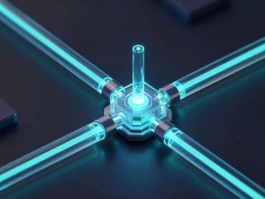Isometric 3D render of data pipelines merging into a central glowing glass node, neon cyan and indigo accents, dark ambient background