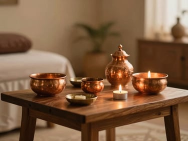Serene candlelit Ayurvedic treatment room in Noida, soft low-key golden-hour light illuminating a wooden droni table and copper vessels, shallow depth of field, 35mm