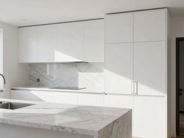 Architectural detail of a newly remodeled modern kitchen, natural light hitting clean marble countertops and custom white oak cabinetry, sharp focus.