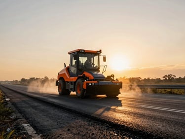 Wide panoramic shot of an asphalt paver laying fresh black tarmac on a wide highway under intense golden sunset light, steam rising, high contrast, warm editorial architectural photography