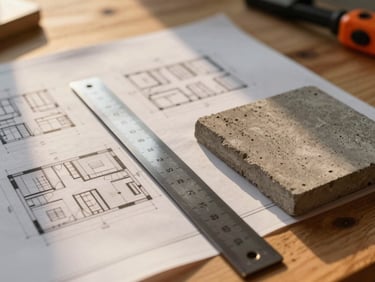 Close-up of architectural blueprints on a wooden table, warm golden-hour light hitting a steel ruler and concrete sample, sharp focus, 35mm