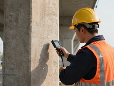 Detail shot of a technical engineer analyzing a concrete bridge pillar with a digital scanner, natural high-contrast daylight, sharp focus, 35mm