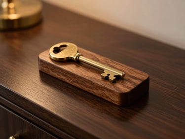An elegant wooden key holder with a brass key sitting on a polished dark console table, warm ambient lighting.